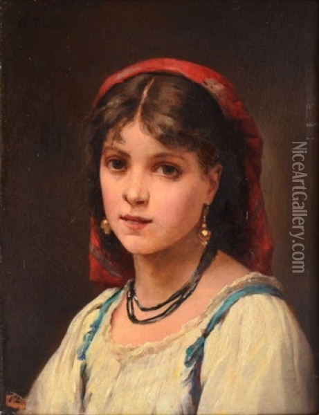 Jeune Fille Au Foulard Rouge Oil Painting - Charles Baptiste Schreiber