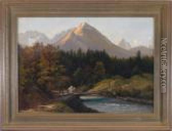 Blick Von Einem Bach Mitholzsteg Am Waldrand Ins Gebirge Im Morgenlicht Oil Painting - Karl Millner