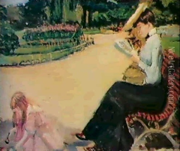 Lecture Et Enfant Au Sable Oil Painting - Fernand Piet