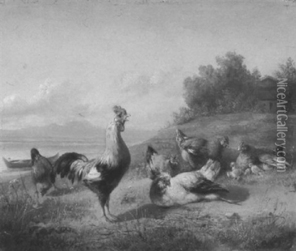 Hahn Und Huhner Am Ufer Des Chiemsees Oil Painting - Joseph Heinrich Ludwig Marr