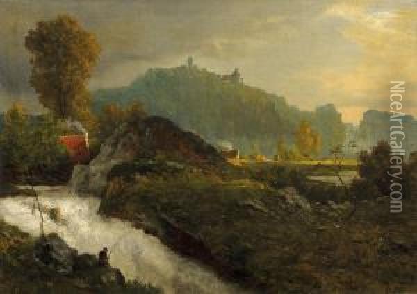 Landschaft Mitwasserfall Oil Painting - Oswald Achenbach