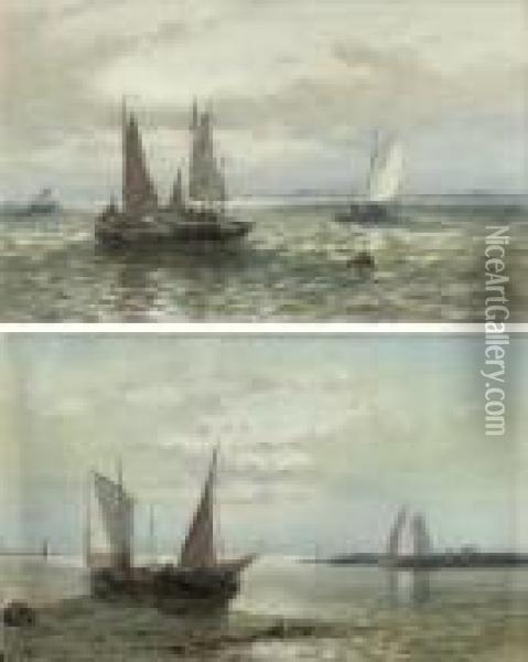 Sailing On A Choppy Sea; And Ships By Low Tide Oil Painting - Abraham Hulk Jun.