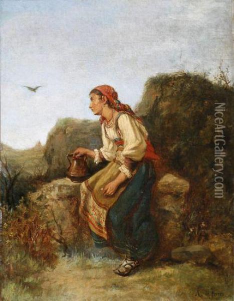 Una Joven En Un Paisaje. Oil Painting - Antonio De Ferrer Corrios