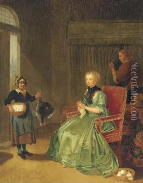 A Lady Seated In An Interior, With A Maidservant And A Girl Holdinga Chicken And Basket Of Eggs Oil Painting - Tibout Regters