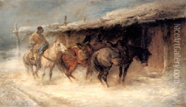 Wallachian Horsemen In The Snow Oil Painting - Adolf Schreyer