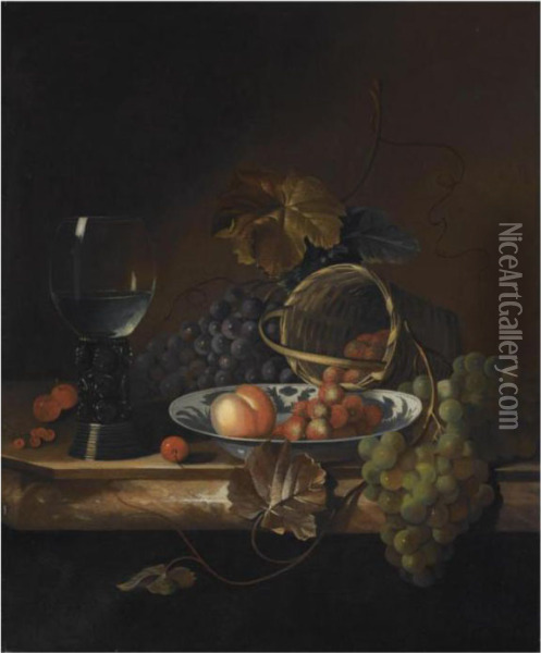 Still Life Of Blue And White 
Grapes, A Peach And Strawberries In Aporcelain Bowl And Basket, Together
 With Cherries And A Roemer, Allon A Marble Ledge Oil Painting - Barend or Bernardus van der Meer