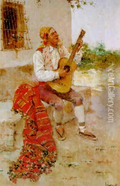 Valenciano Tocando La Guitarra Oil Painting - Joaquin Agrasot y Juan