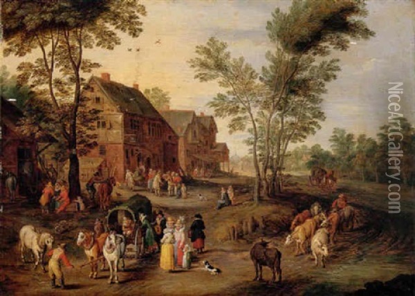 A Village Scene With A Wagon And Elegant Figures Halted Near An Inn Oil Painting - Peter Gysels