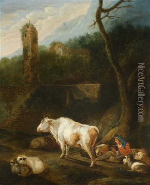 Tiere Und Hirten Bei Der Mittagsrast Oil Painting - Johann Heinrich Roos