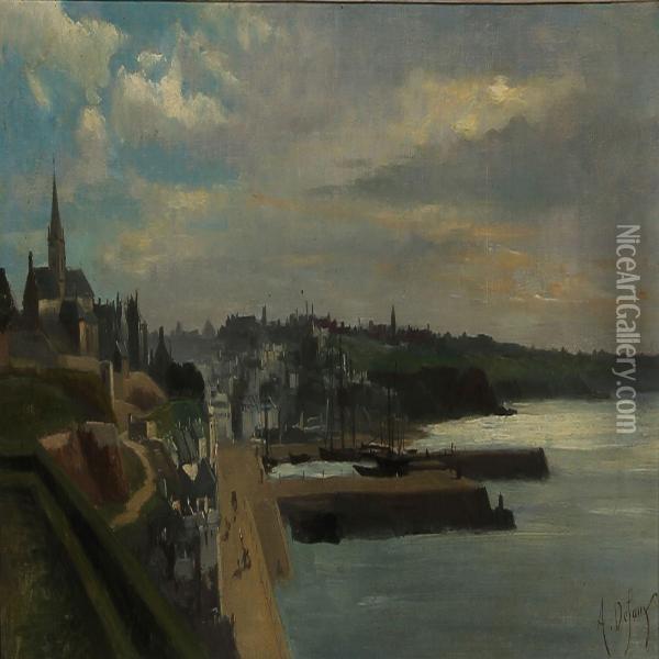 View Of A Harbour In Northern France, Morning Light Oil Painting - Alexandre Defaux