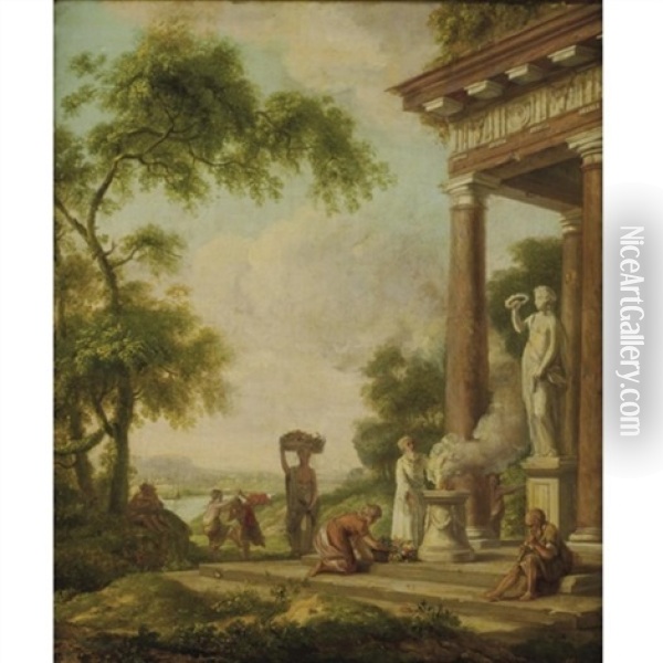 Classical Landscape With A Priest Making A Sacrifice Oil Painting - Gerard Hoet the Elder