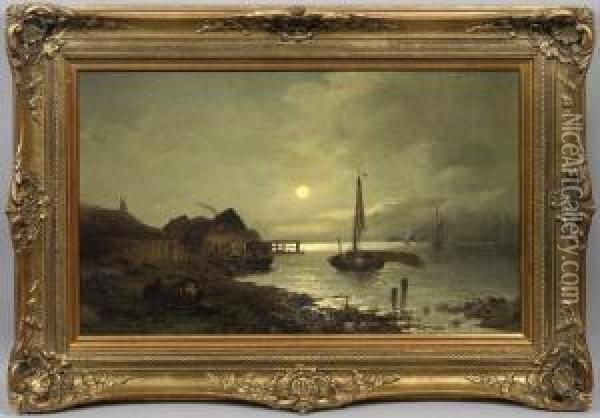 Kustenlandschaft Mit Fischerhausern Und Booten Im Mondschein Oil Painting - Amelia H. Lundahl