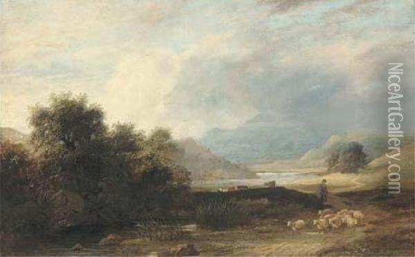 A Shepherd And His Flock By A Brook At Allswater, Cumberland Oil Painting - James Stark