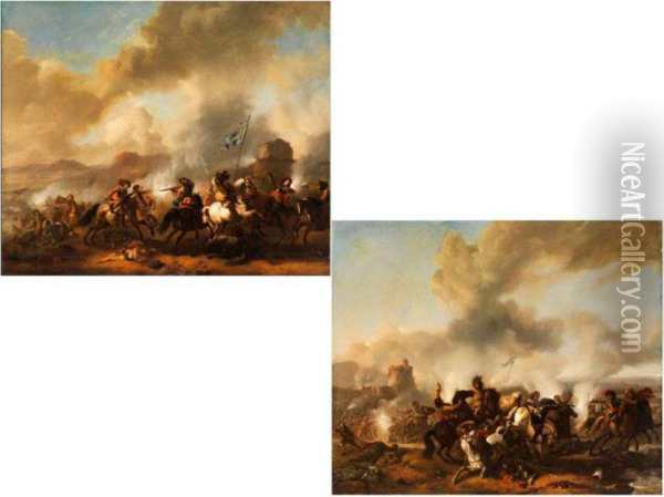 Schlachtenszenen In Weiter Landschaft Vor Festungsanlagen Oil Painting - Jan von Huchtenburgh