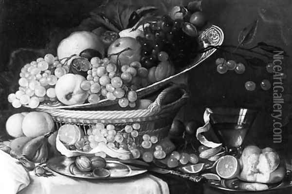 Grapes, A Peach, A Pomegranate, A Quinch And Walnuts On A Wan Li Dish On A Basket And A Peeled Orange, A Bun And Walnuts On Pewter Plates Oil Painting - Jan Davidsz. De Heem
