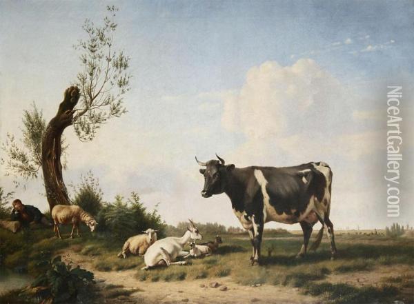 Resting Shepherd With Cow And Sheep Oil Painting - Pierre Emmanuel I Dielman