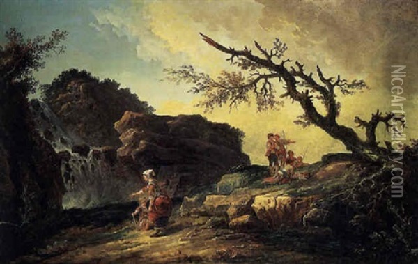 La Cascade: A Rocky Hillside With A Peasant Woman And Child Near A Waterfall And Boys Resting By A Blasted Tree Oil Painting - Hubert Robert