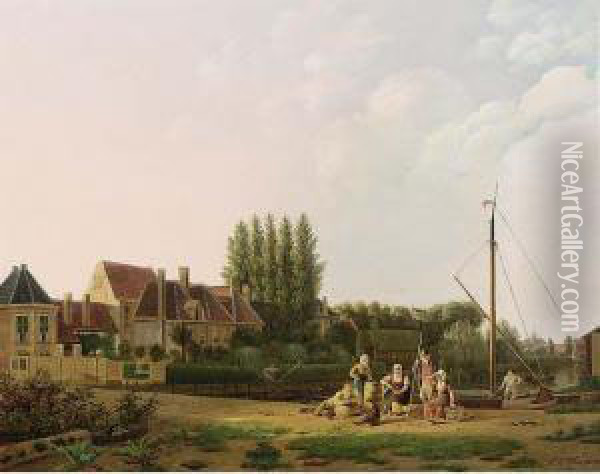 A Summer Landscape With Villagers On The Waterfront Oil Painting - Willem De Klerk