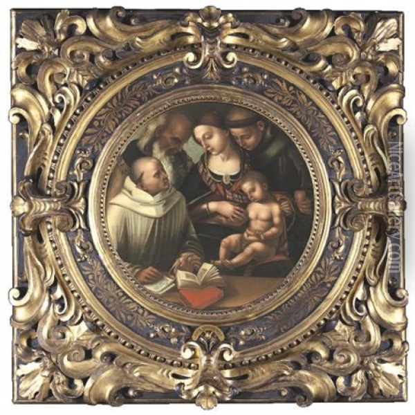 The Madonna And Child With Saints Bernard(?), Anthony Of Padua And John The Evangelist (?) (in Collab. W/studio Of Luca Signorelli) Oil Painting - Luca Signorelli