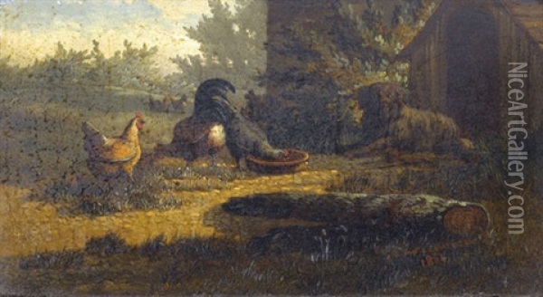 Huhnerhof Mit Hund Vor Seiner Hutte Oil Painting - Jean-Baptiste Leopold van Leemputten