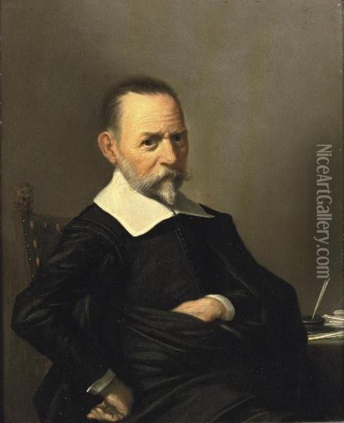 Portrait Of A Gentleman, Half-length, In A Black Costume With A White Collar And Cuffs, Seated At A Writing Desk Oil Painting - Herman Mijnerts Doncker