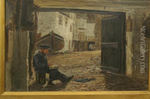 A Quiet Moment, A Seated Fisherman, Before A Courtyard With Boat And Chickens Oil Painting - Sebastopol Samuel Holland