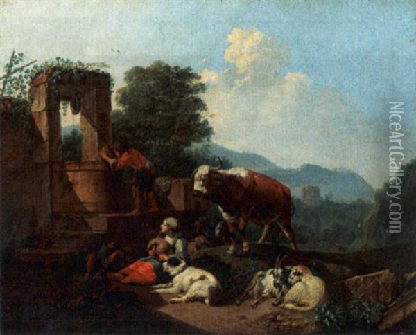 Shepherds And Their Herd Resting And Watering By A Fountain Oil Painting - Johann Heinrich Roos
