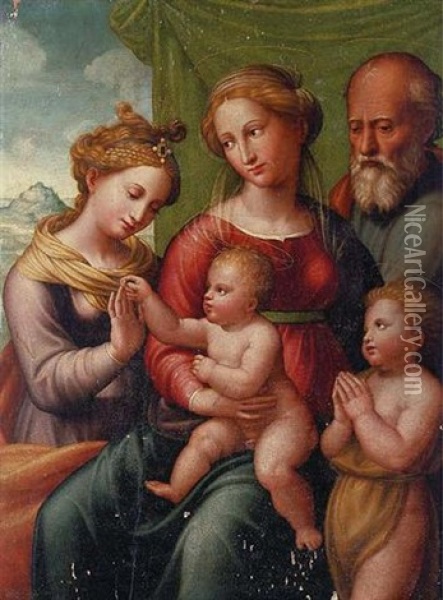 The Mystic Marriage Of Saint Catherine With Saint Joseph And The Infant Saint John The Baptist Oil Painting - Innocenzo di Pietro (da Imola) Francucci
