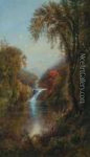 ''fishing At Fish Rock Falls In Autumn,- Adirondacks'' Oil Painting - Edmund Darch Lewis
