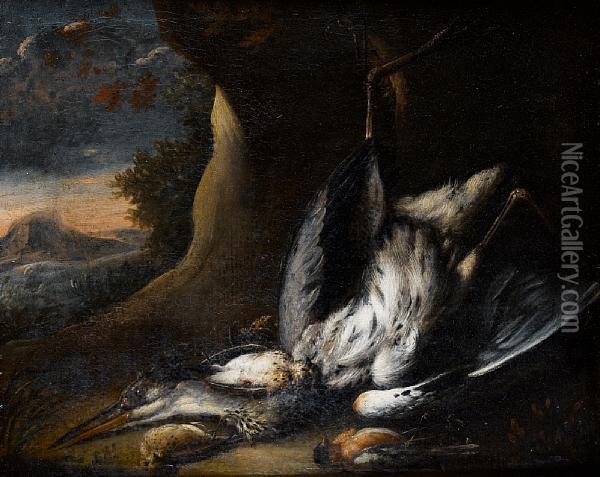 A Dead Crane And Other Birds Before An Openlandscape Oil Painting - Baldassare De Caro