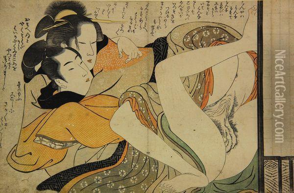 Couple Enlace Devant Un Shoji. Oil Painting - Kitagawa Utamaro