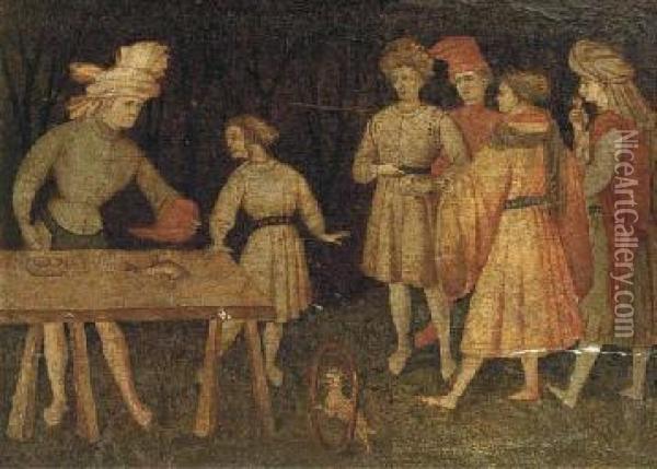 Five Men Standing In A Wooded Landscape, With One Standing At Atable Handing A Boy A Cap: A Panel From A Cassone Oil Painting - Master Of The Hercules Cassone