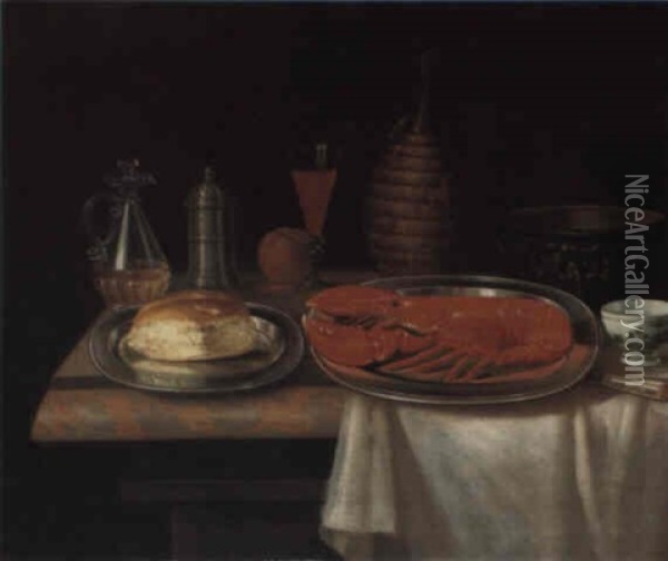 Still Life With A Lobster And Bread On Salvers... Oil Painting - Charles Collins