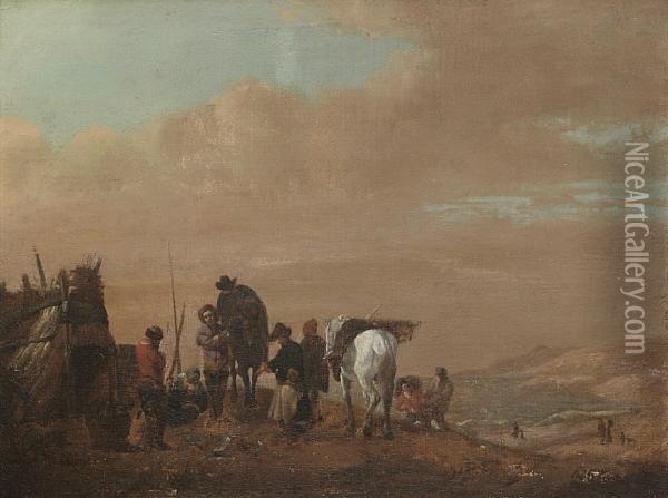 Figures Arriving At An Encampment, A Coastal Landscape Beyond Oil Painting - Pieter Wouwermans or Wouwerman