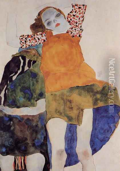 Two Seated Girls Oil Painting - Egon Schiele