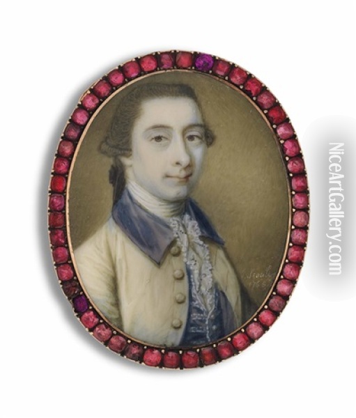 A Young Gentleman, In Cream Coat With Blue Collar, Blue Waistcoat And Frilled Cravat Oil Painting - James Scouler
