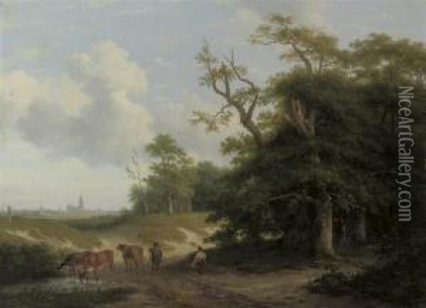 Cows In A Landscape With Farmers And Trees, A City In Thebackground Oil Painting - Pieter Daniel van der Burgh