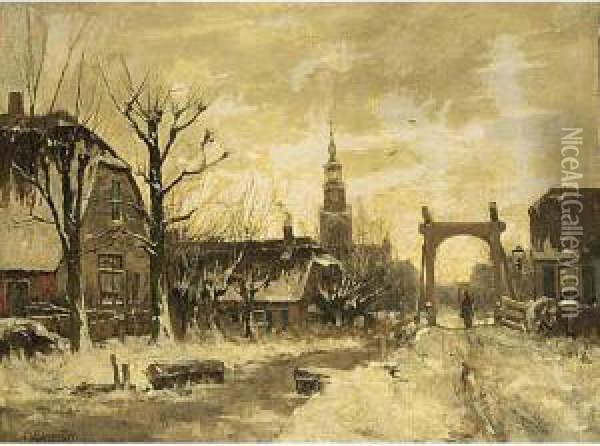 View Of Nieuwkoop In Winter; Together With A Work By Anne Franciscus Hartman Oil Painting - Gerardus Johannes Roermeester