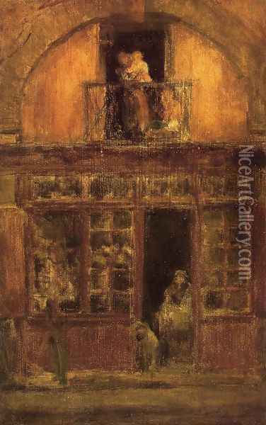 A Shop with a Balcony Oil Painting - James Abbott McNeill Whistler