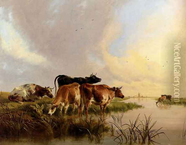 Cattle Watering Oil Painting - Thomas Sidney Cooper
