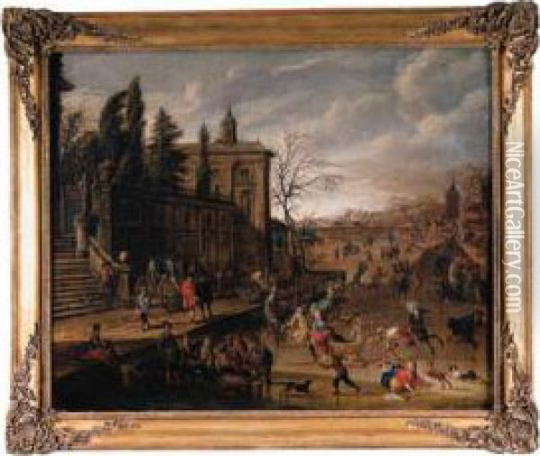 A Frozen Canal Before An 
Italianate Terrace, With Townsfolkdisporting And Noblewomen On Sledges, A
 Town Beyond Oil Painting - Peeter van Bredael