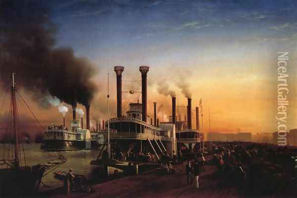Giant Steaamboats at the Levee in New Orleans Oil Painting - Hyppolyte Victor Valentin Sebron