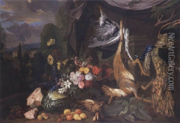 Still Life With Flowers And Fowl Oil Painting - Peter (Pieter Andreas) Rysbrack