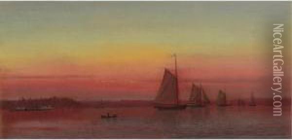 Red Sails At Sunset (sailing At Sunset) Oil Painting - Francis Augustus Silva