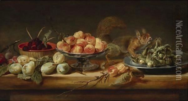 Still Life With Peaches In A Tazza, Hazelnuts On A Pewter Plate, Raspberries In A Basket, With Pears And A Squirrel On A Table Oil Painting - Frans Snyders