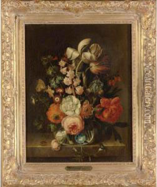 Still Life Of Flowers In A Glass Vase Resting On A Ledge Oil Painting - Rachel Ruysch