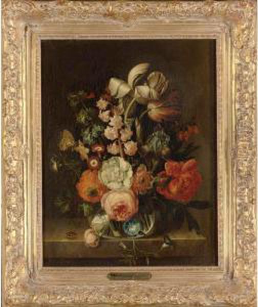 Still Life Of Flowers In A Glass Vase Resting On A Ledge oil painting ...