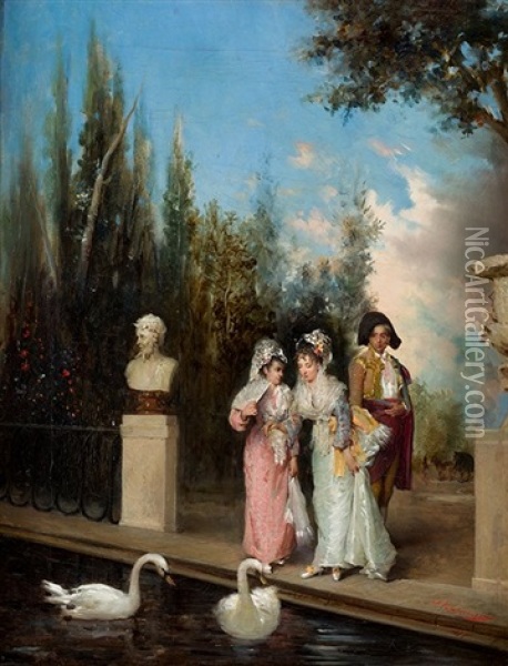 Escena Galante Junto A Estanque, 1877 Oil Painting - Manuel Ramirez Ibanez