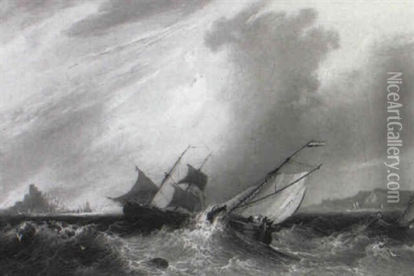 Vessels In Stiff Breeze Near St. Michael's Mount, Cornwall Oil Painting - Frederick Calvert