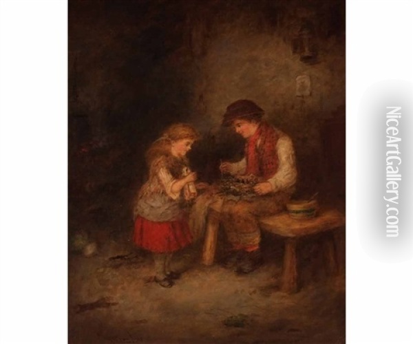 Interior Scene With Two Children And Birds Nest Oil Painting - Mark William Langois